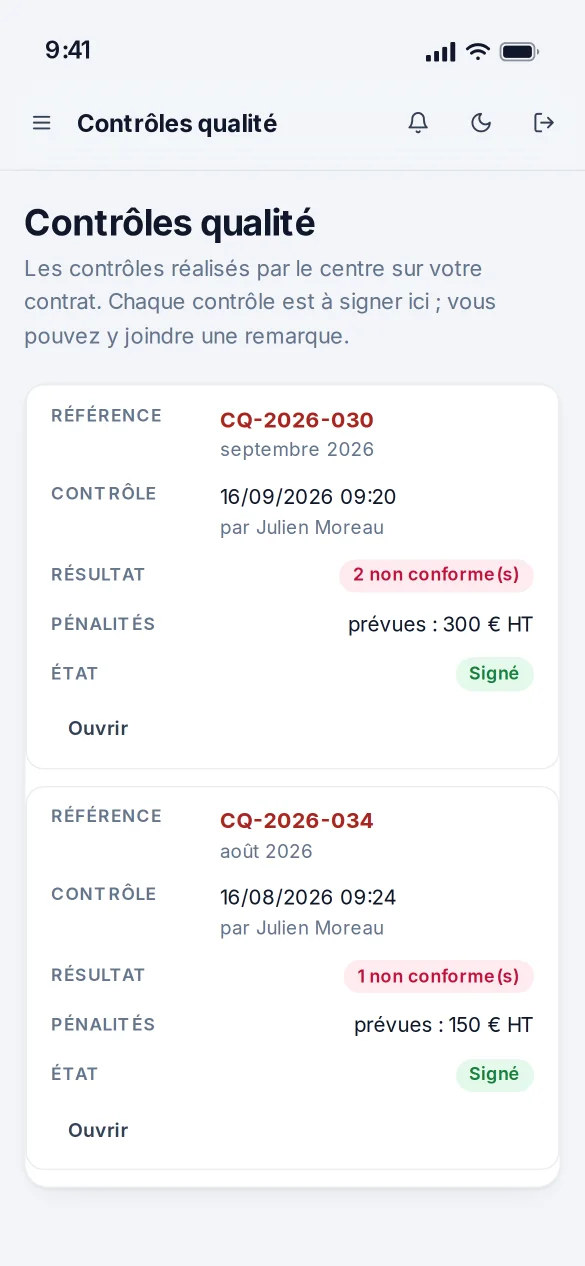 Espace prestataire dans MallOps (vue téléphone)